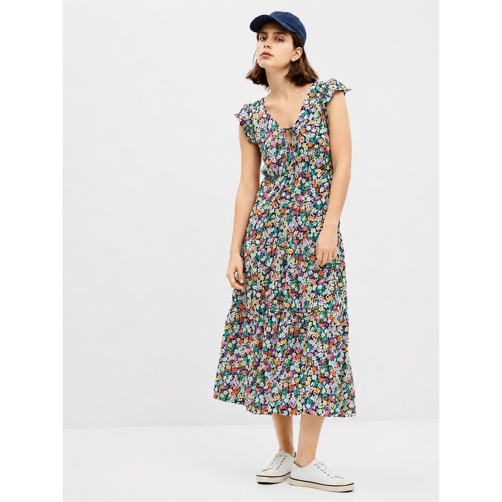 Gap Floral Cotton Maxi Dress XXS V-Neck Tiered Flutter Sleeve Multi Color
